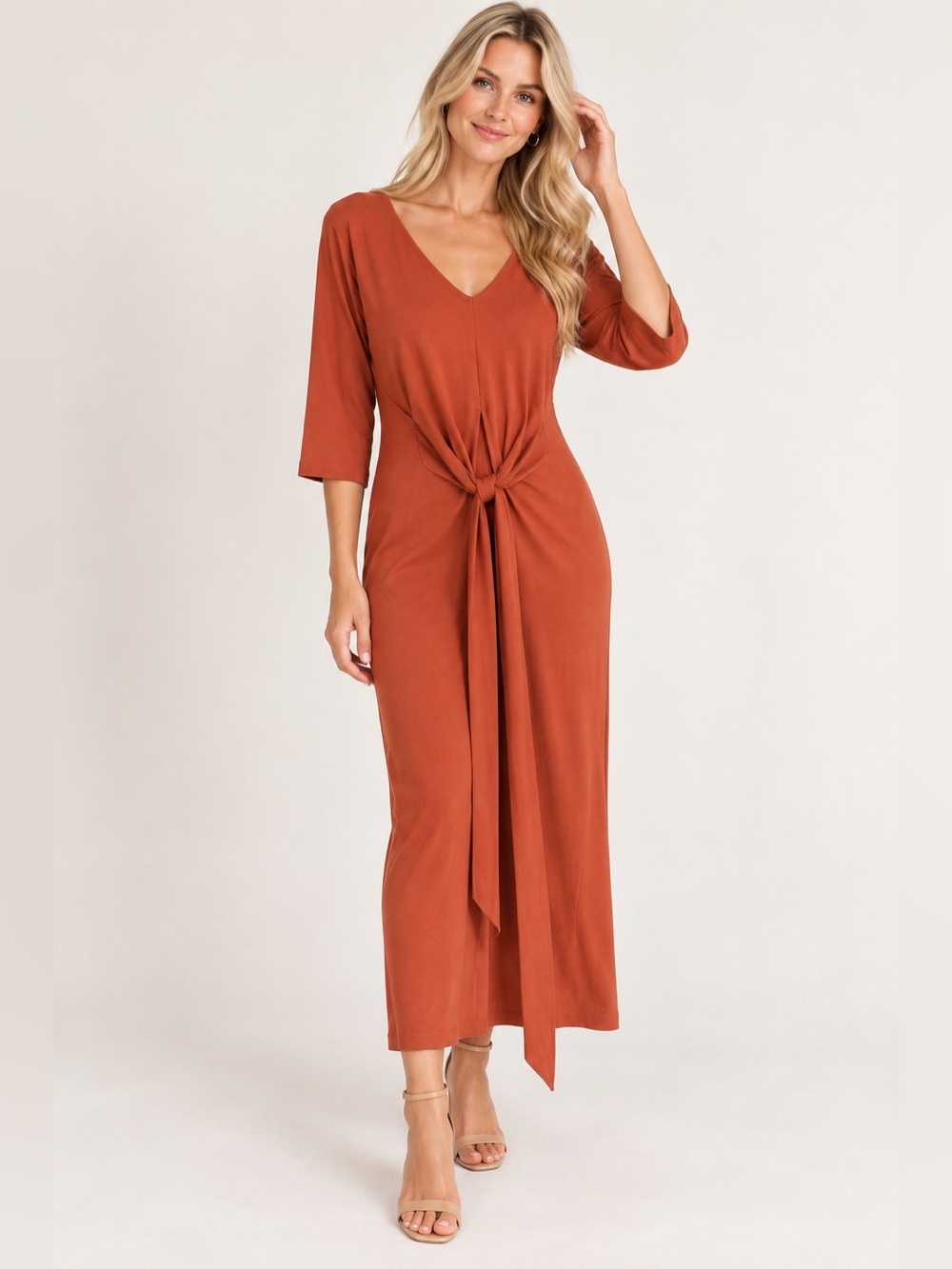 ZARA Basic Rust Orange V-Neck Front Knot Midi Dress Size S
